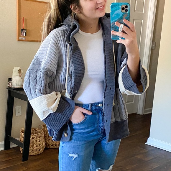 (VICI) gray cream colorblock patchwork knit cardigan jacket - Picture 6 of 13